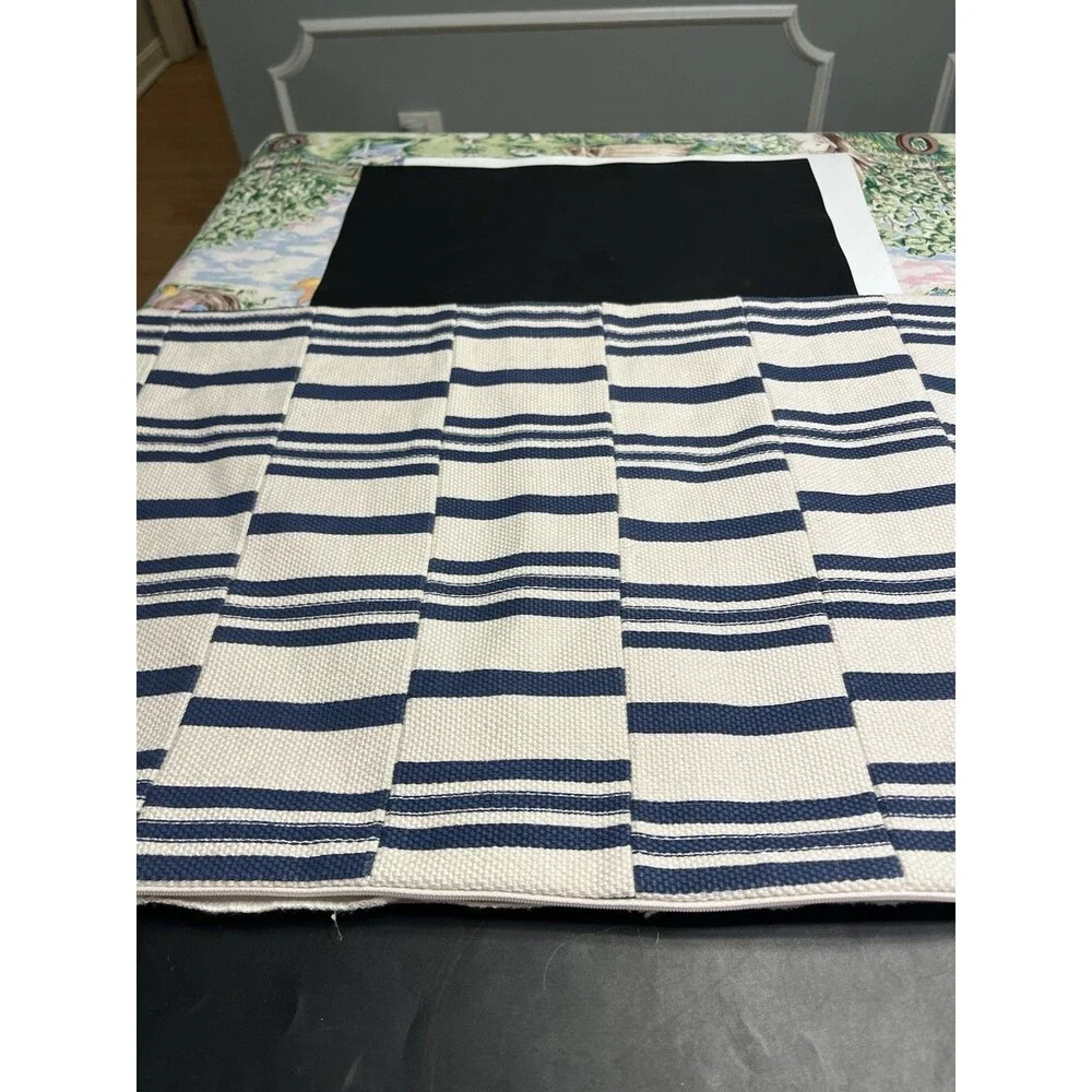 Pottery Barn Linen Cotton Blue White Off Striped Lumbar Pillow Cover 16x26”
